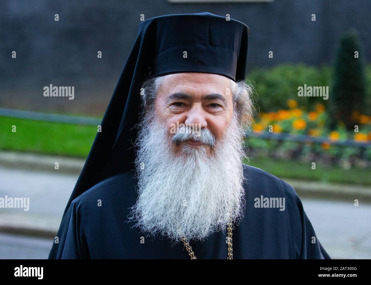 Patriarch Theophilos III of Jerusalem, 141st primate of the Orthodox Church of Jerusalem and all Palestine and Israel at Downing Street for a meeting Stock Photo