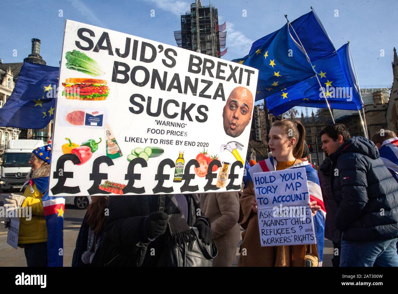 Remain supporters demonstrate outside Parliament as the UK prepares to leave the EU on January 31st, claiming food will be more expensive after then. Stock Photo