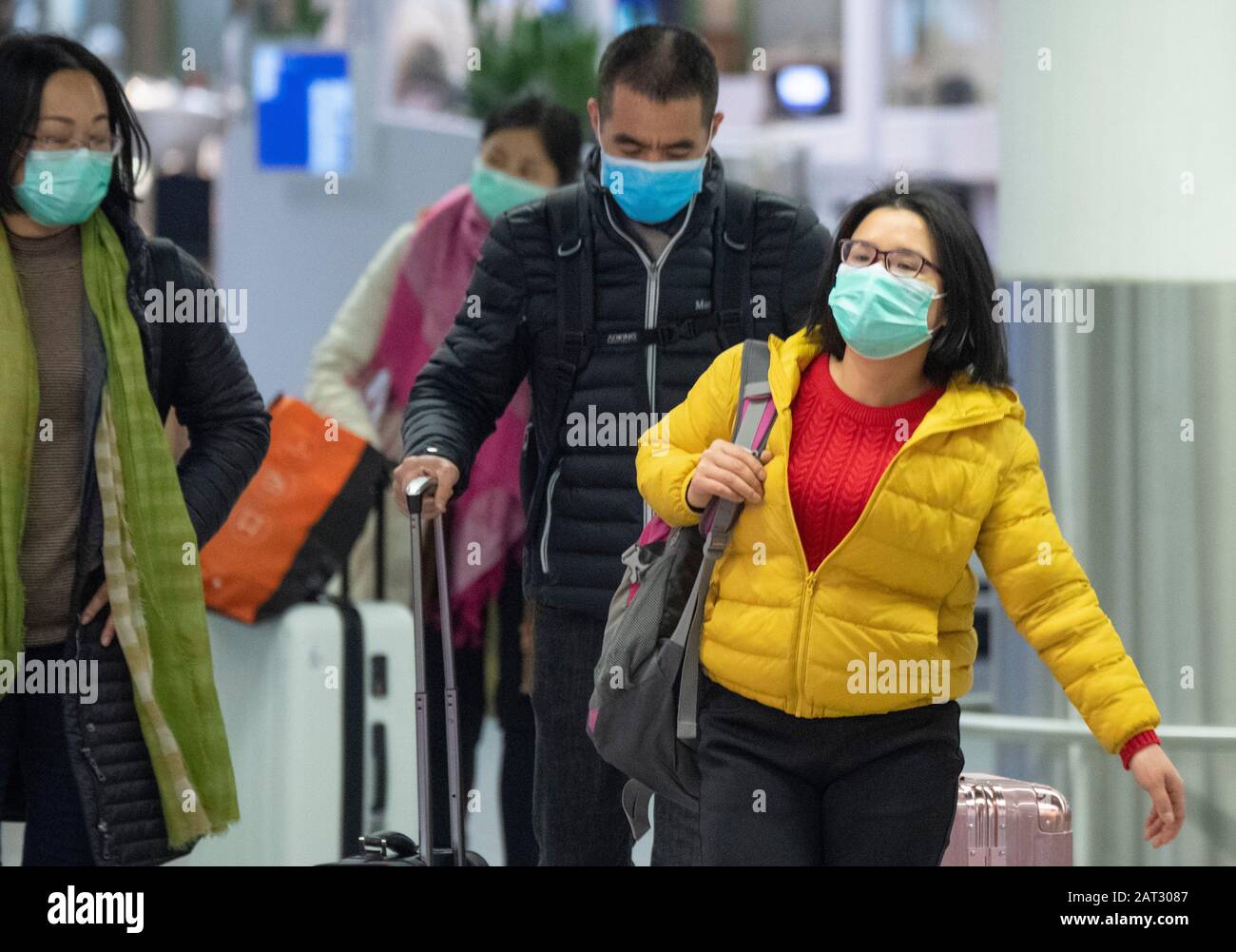 Frankfurt, Hessen, Germany. 30th Jan 2020. Face masks are worn by passengers who come to the