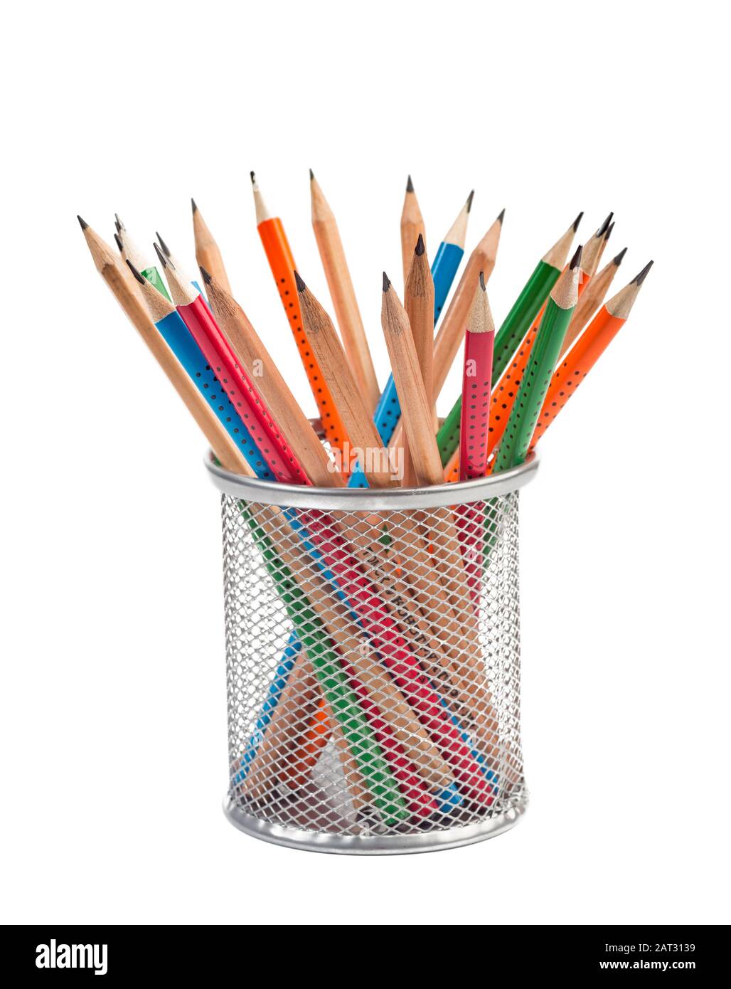 Pencils in metal basket isolated on white background Stock Photo