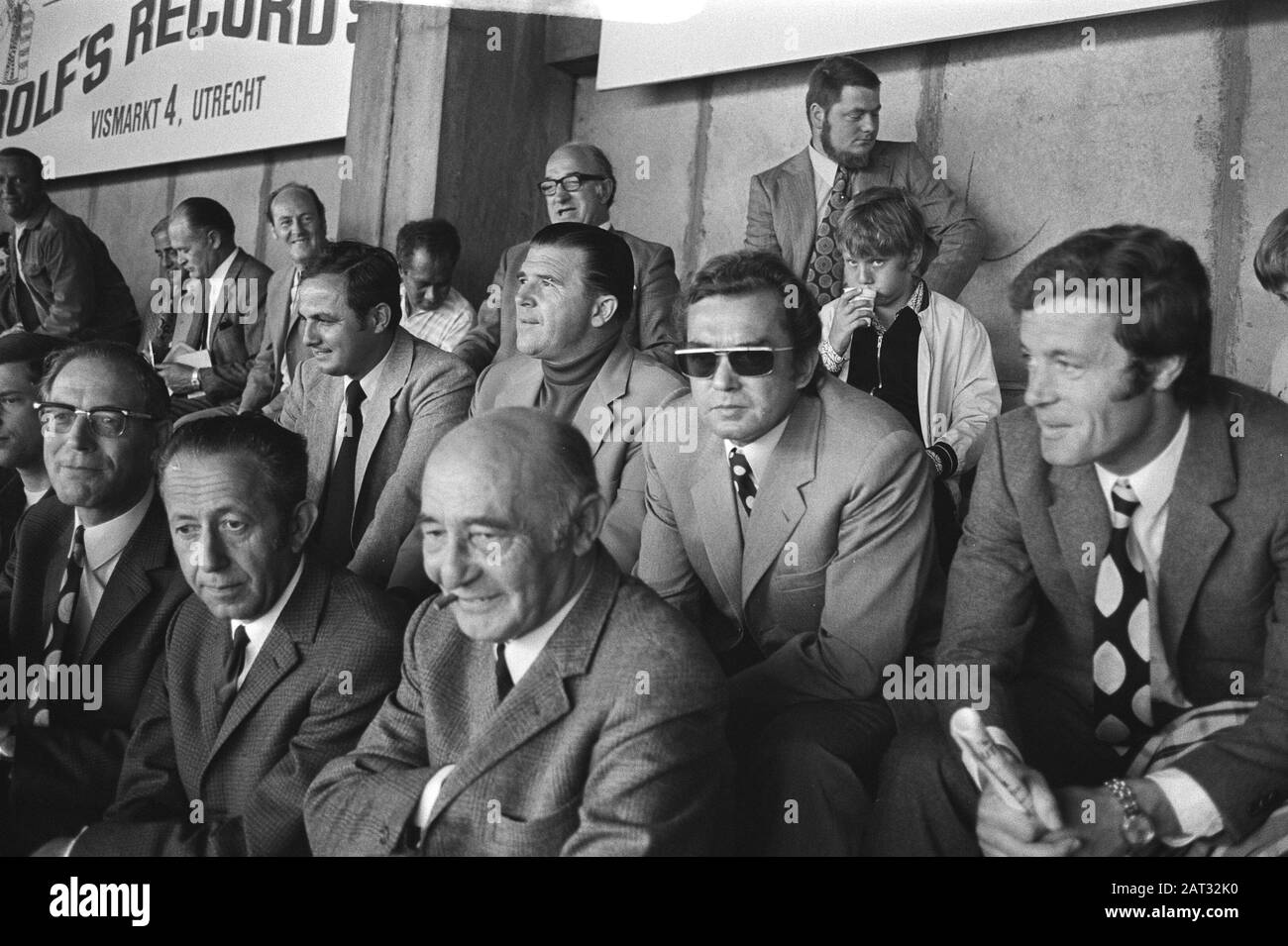 FC Utrecht vs. Ajax 0-3  Happel (with sunglasses), trainer of Feyenoord, in the stands, left next to him Puskas, trainer of Panathinaikos FC Date: 23 May 1971 Location: Utrecht (province), Utrecht (city) Keywords: sport, trainers, stands, football Personal name: Happel, Ernst, Puskas, Ferenc Institution name: FC Utrecht Stock Photo