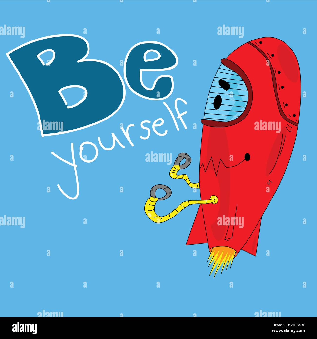 Vector hand drawn illustration flying robot with be yourself text. Stock Vector