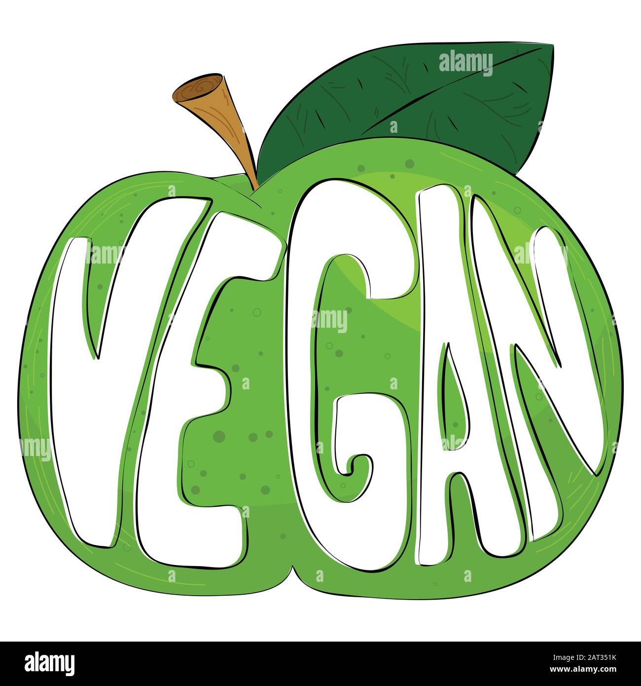 The text vegan on a green cartoon apple, vector stamp with hand drawn illustration. Stock Vector