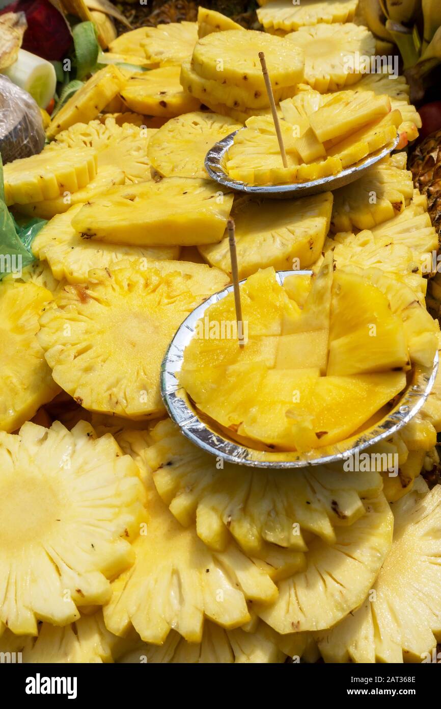 Pineapple fruits for sale near the Chandni Chowk one of the oldest and busiest markets in Old Delhi, India. Stock Photo