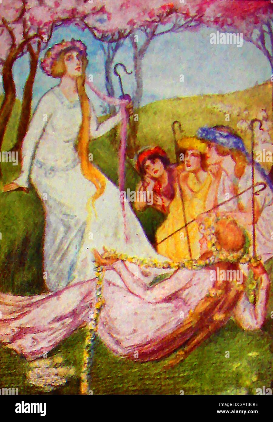 Mythology, Legend - A Vintage colour illustration showing Pastorella, a mythical shepherdess who was the subject of ancient medieval  troubadour songs.The central topic of the songs and stories was almost always the meeting of a knight with a shepherdess which generally had comical  or bawdy consequences. The tales themselves came to be known as Pastorelas. They were supposedly invented by a travelling troubadour  and jester  born in Gascony, who spent most of his career in the courts of William X of Aquitaine. Stock Photo