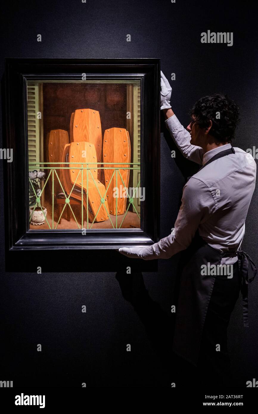 London, UK. 30th Jan, 2020. René Magritte: The Art of the Surreal Evening Sale, Perspective: Le Balcon de Manet, Estimate GBP 3.5-5.5m - Christies previews the Impressionist, Modern and Surreal auction sales which take place in London on 5 February 2020. Credit: Guy Bell/Alamy Live News Stock Photo