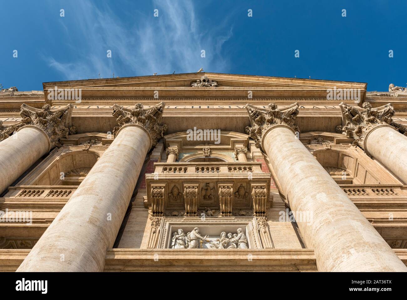 Low-angle view of Facade of St Peter's Basilica, Piazza San Pietro, Vatican, Rome, Italy Stock Photo