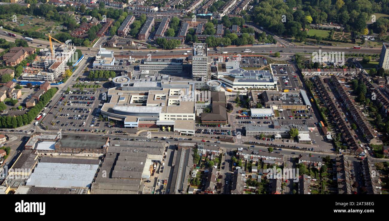 aerial view of North Middlesex University Hospital in Tottenham area of North London, UK Stock Photo