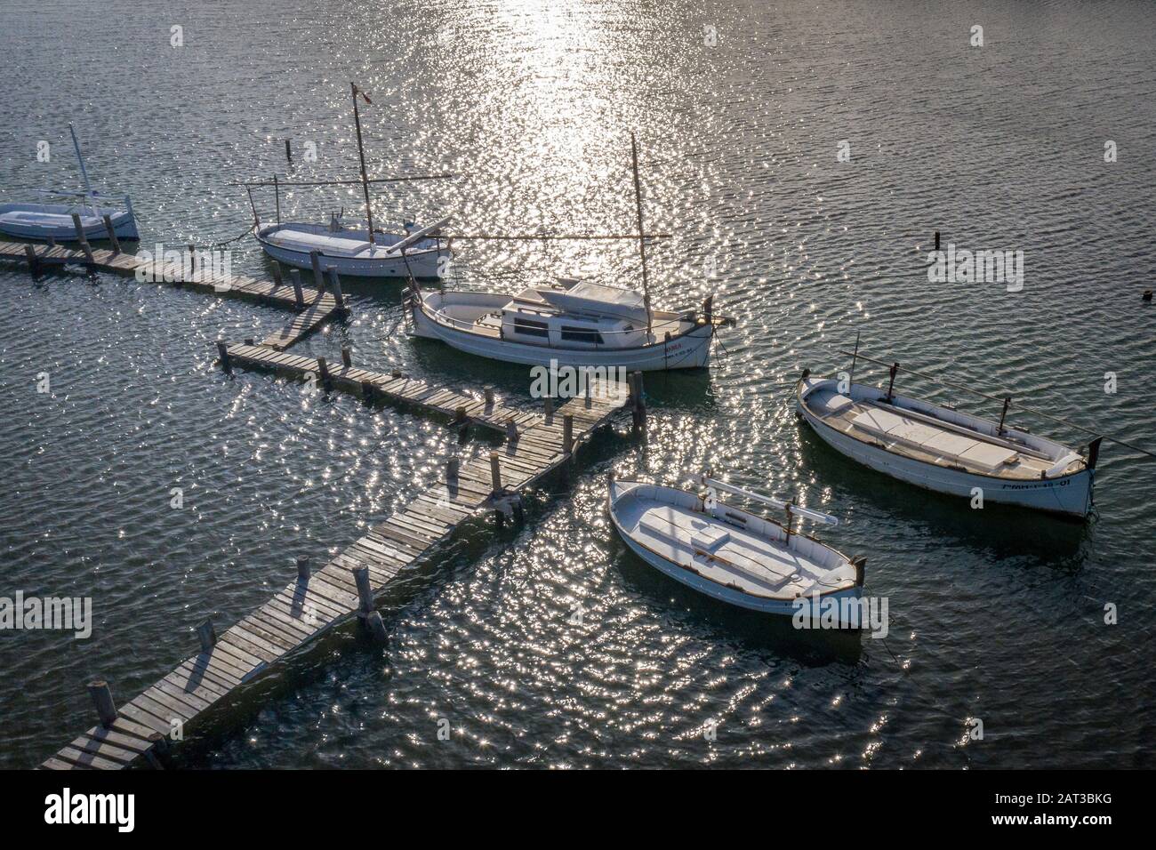Aerial image of spanish fishing boats moored Stock Photo