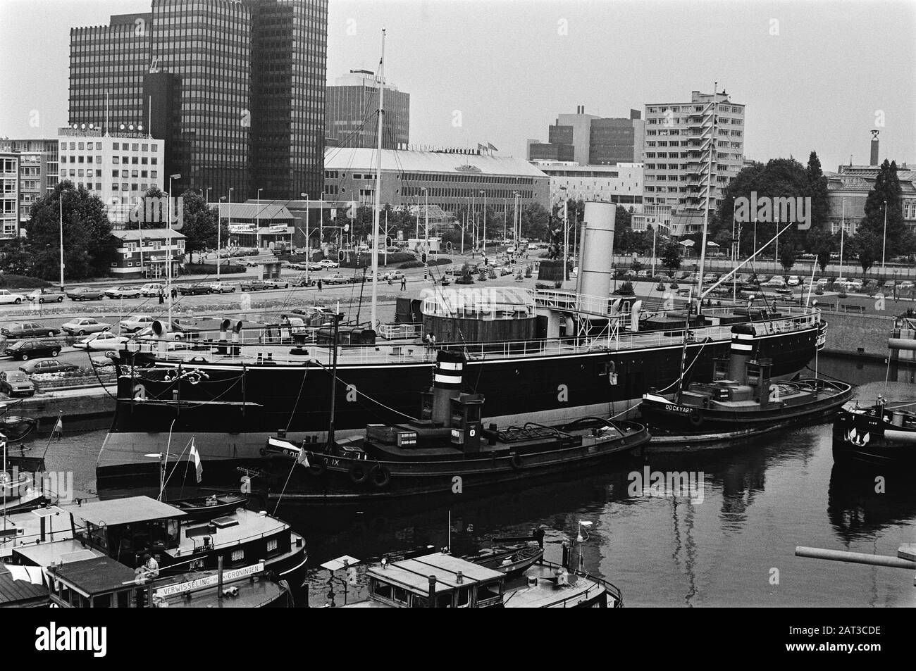 Armoured ship Buffel decorated as museum ship  The former stormramship in the Maritime Museum Rotterdam in the Leuvehaven in Rotterdam Date: 17 July 1979 Location: Rotterdam, Zuid-Holland Keywords: ports, museums, ships Stock Photo