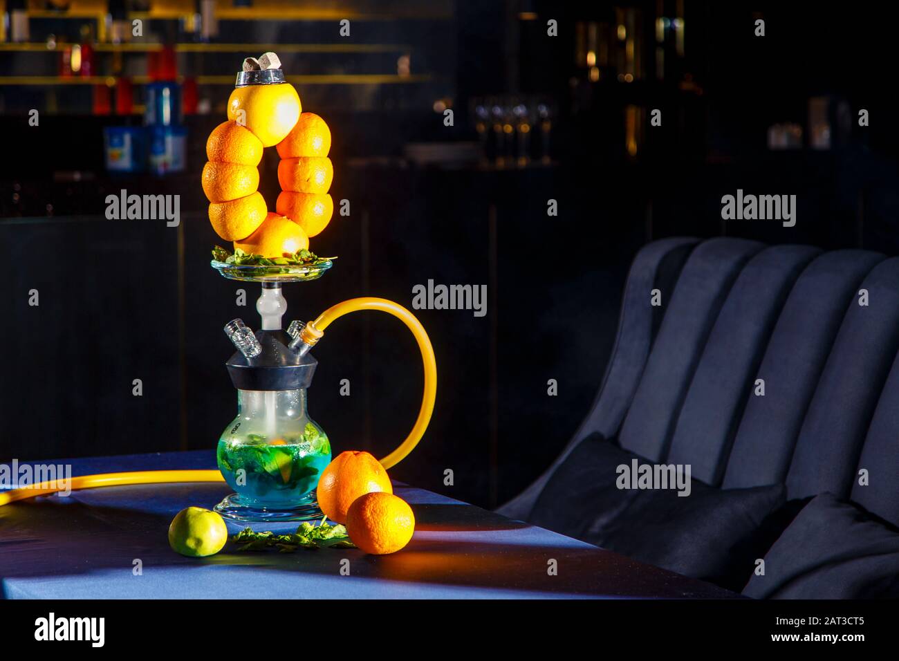 Hookah on the orange. Orange hookah. Hookah with a round transparent