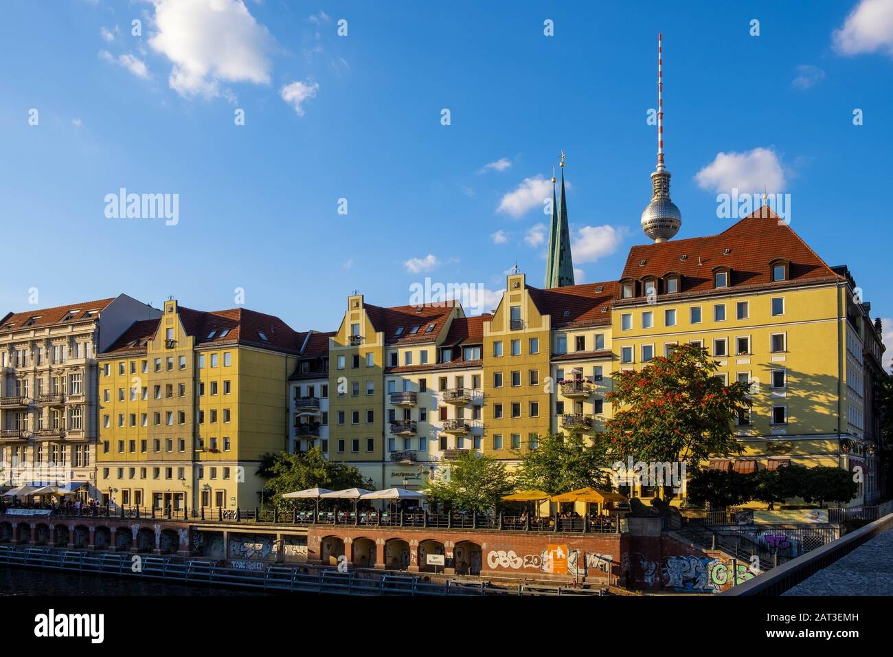 Berlin, Berlin state / Germany - 2018/07/24: Panoramic view of the Historic Mitte quarter of Berlin by the Spree river with Television Tower - Fernsehturm - in background Stock Photo