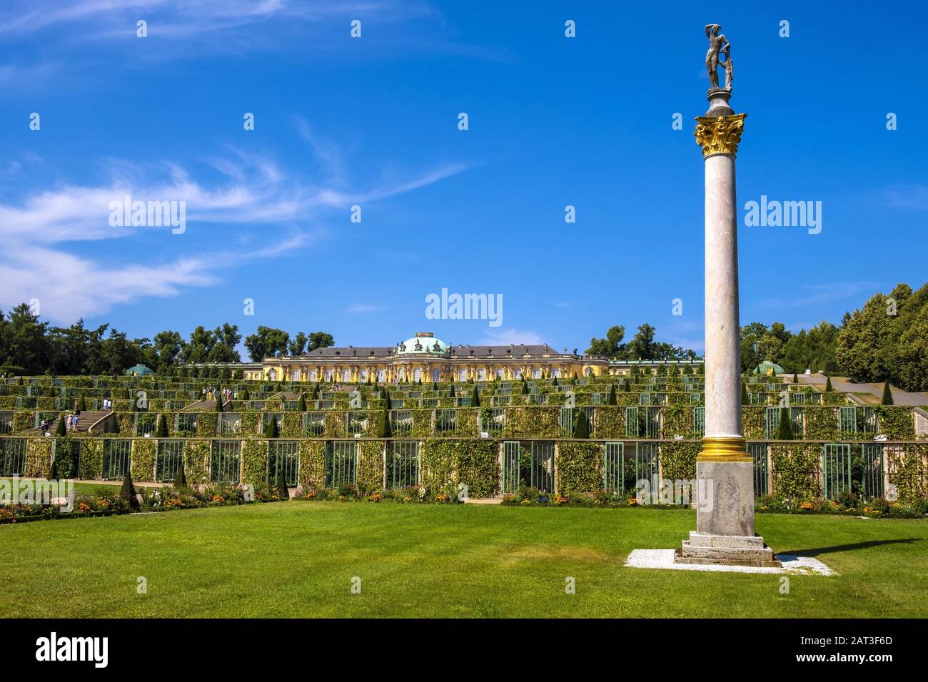 Potsdam, Brandenburg / Germany - 2018/07/29: Panoramic view of the Sanssouci summer palace and wine garden in the Sanssouci Park Stock Photo