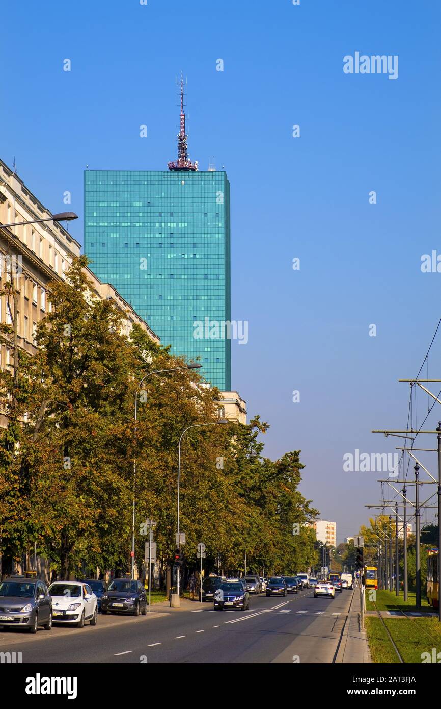 Warsaw, Mazovia / Poland - 2018/09/21: Historic Muranow district of Warsaw with Andersa street and the Intraco skyscraper Stock Photo