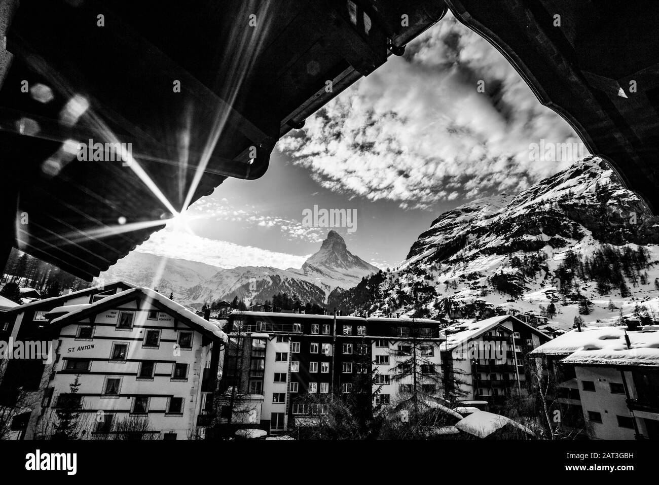 view of Matterhorn through hotel window in Zermatt Stock Photo - Alamy