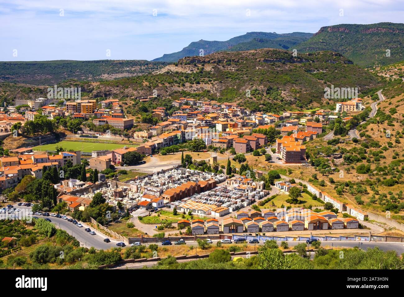 Bosa, Sardinia / Italy - 2018/08/13: Panoramic view of the town of Bosa and surrounding hills seen from Malaspina Castle hill - known also as Castle of Serravalle Stock Photo