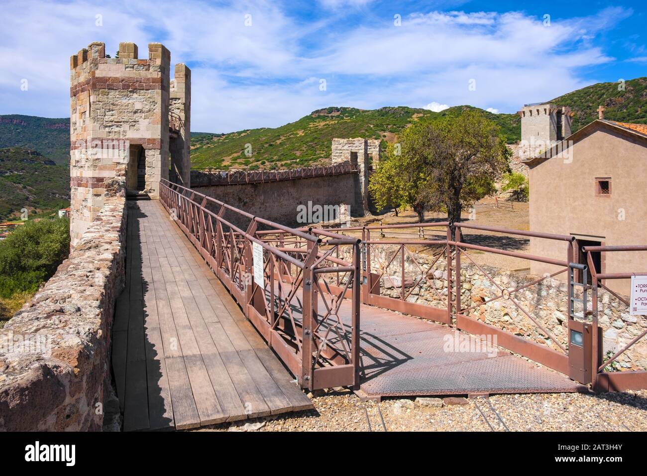 Bosa, Sardinia / Italy - 2018/08/13: Main tower - Torre Maestra - of the Malaspina Castle, known also as Castle of Serravalle, with monumental historic defense walls and fortification Stock Photo
