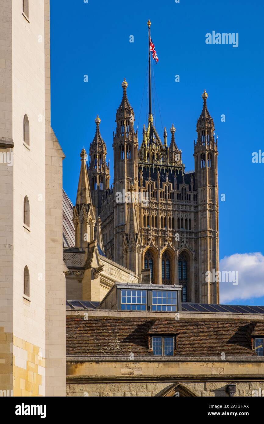 London, England / United Kingdom - 2019/01/28: Victoria Tower of the Houses of Parliament �â�� Westminster Palace seen from the royal Westminster Abbey in Central London Stock Photo