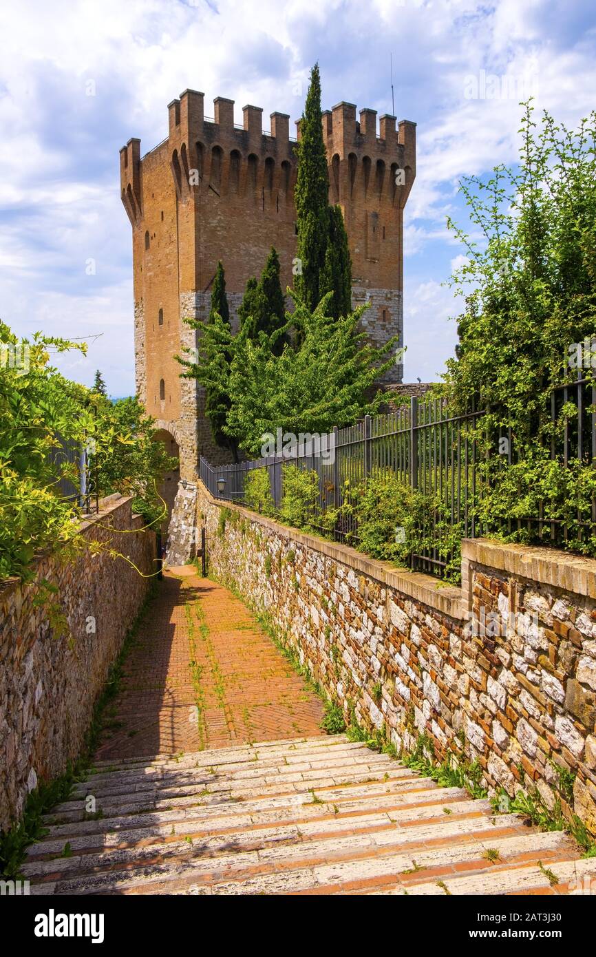 Perugia, Umbria / Italy - 2018/05/28: Stone tower and keep of St. Angelo Gate - Cassero di Porta Sant�â��Angelo - at the St. Michel Archangel Church in the Perugia historic quarter Stock Photo