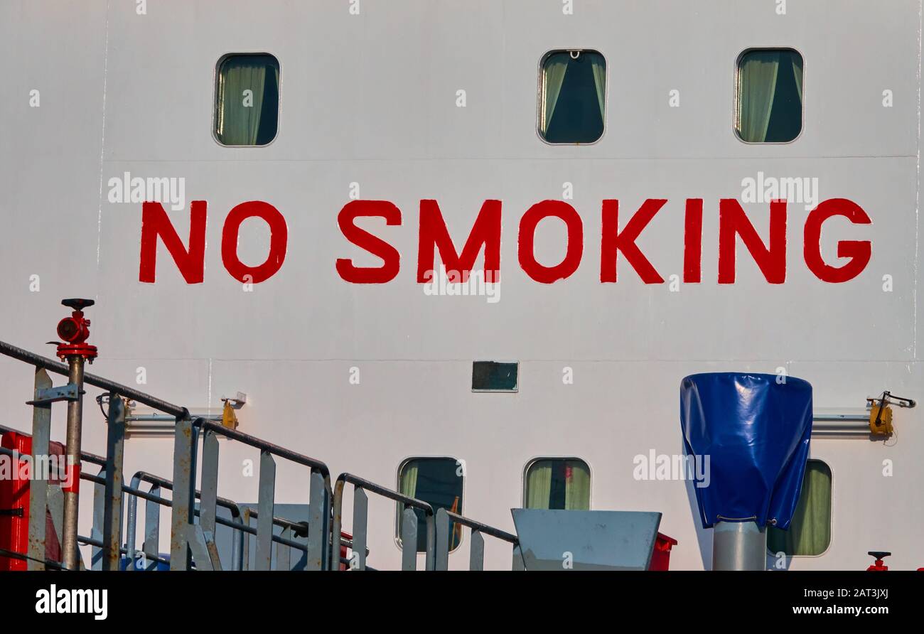 Bremerhaven, Germany, January 16., 2020: Huge notice of the smoking ban at the ship bridge Stock Photo