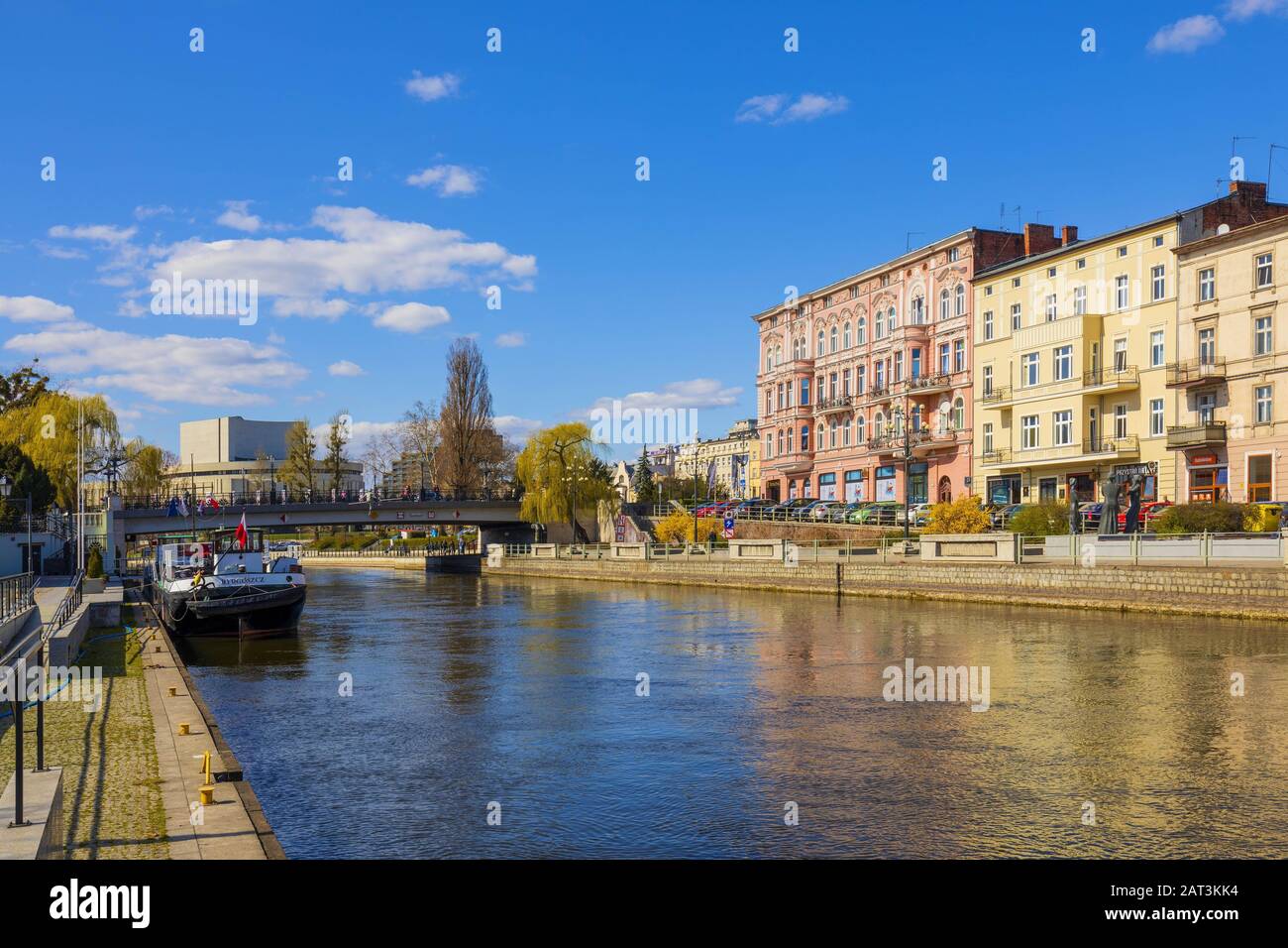 Bydgoszcz, Kujavian-Pomeranian / Poland - 2019/04/01: Panoramic view of the historic city center with the old town tenements along the Brda River embankment Stock Photo