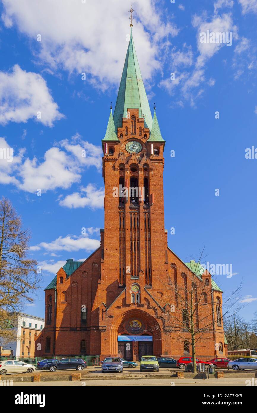 Bydgoszcz, Kujavian-Pomeranian / Poland - 2019/04/01: Front view of the St. Andrew Bobola Church at the Plac Koscieleckich square in the historic old town quarter Stock Photo