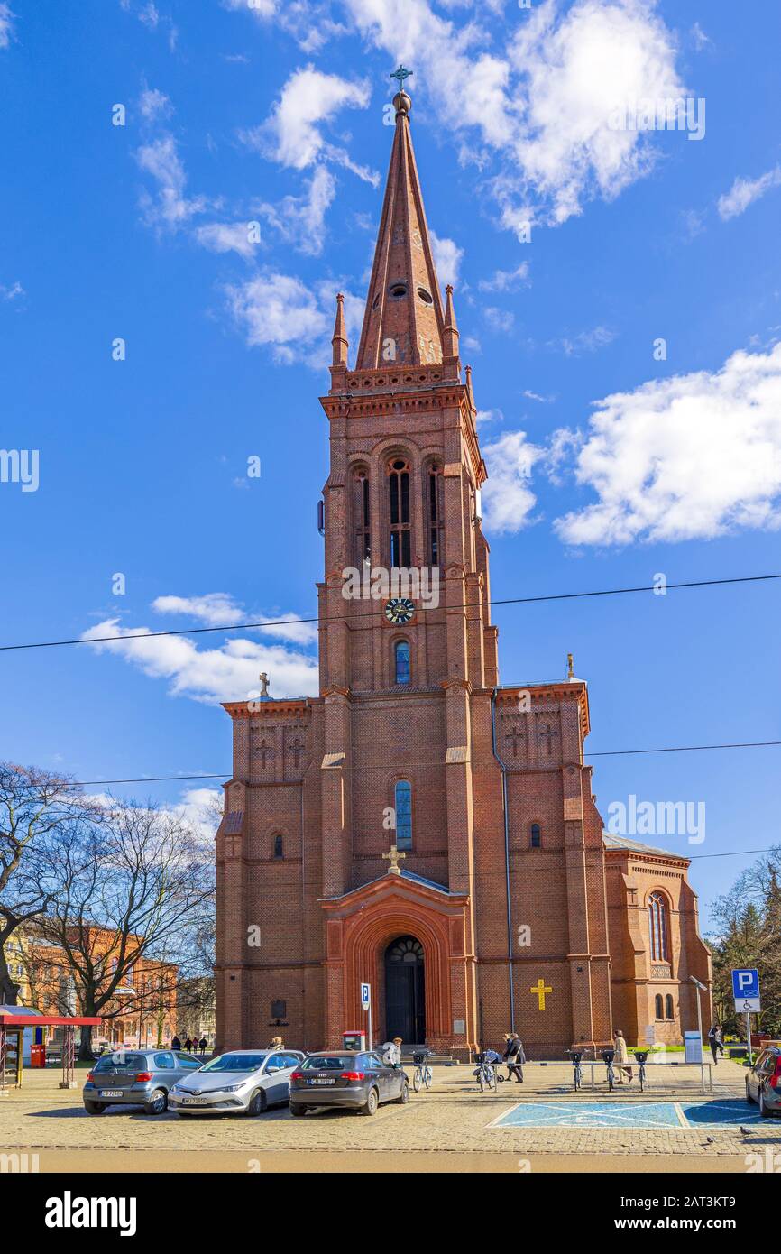 Bydgoszcz, Kujavian-Pomeranian / Poland - 2019/04/01: Front view of the St. Peter and St. Paul Church at the Gdanska street in the historic old town quarter Stock Photo
