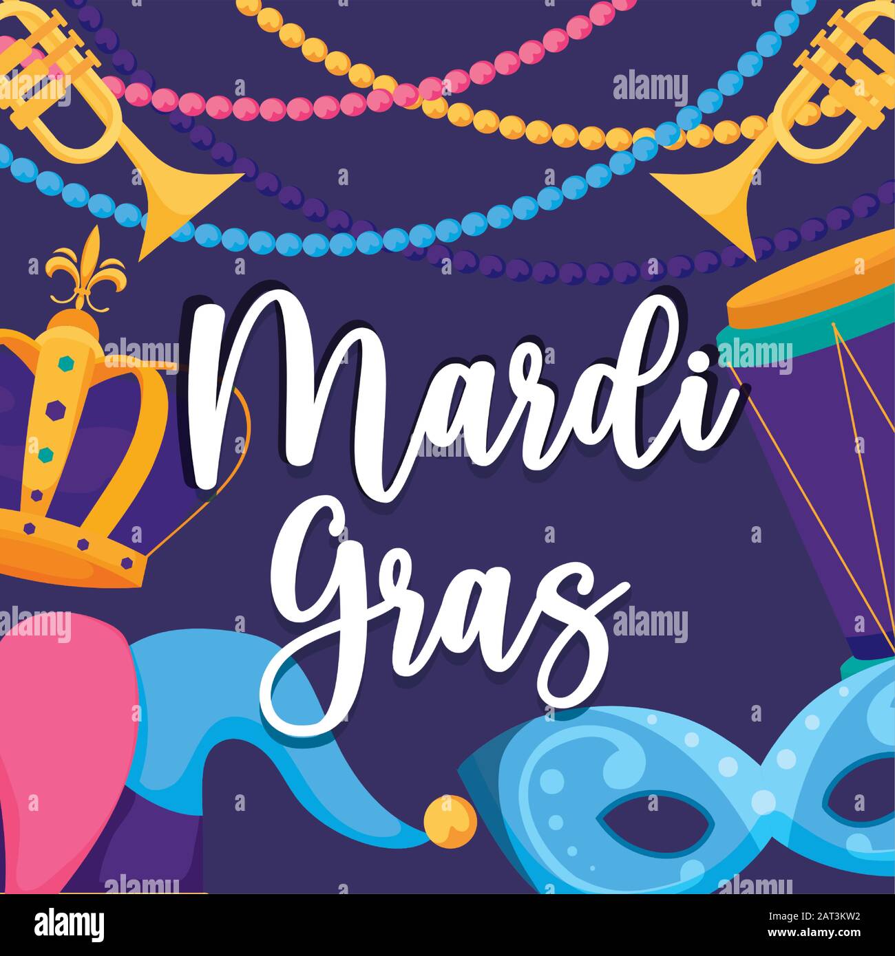 Mardi gras mask crown hat trumpets and drum design, Party carnival ...