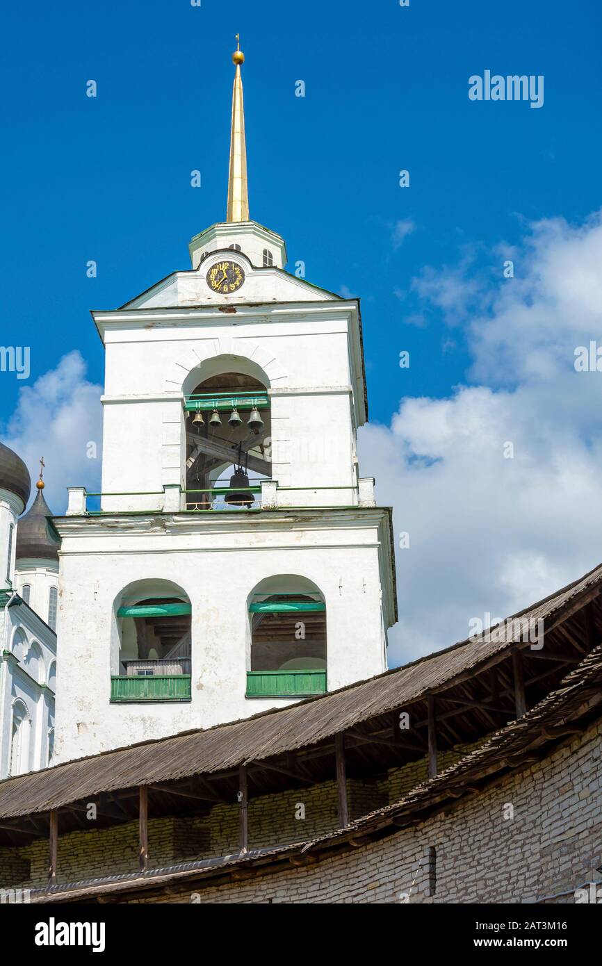 Pskov, the bell tower of the Holy Trinity Cathedral in Pskov region, a historical place Stock Photo