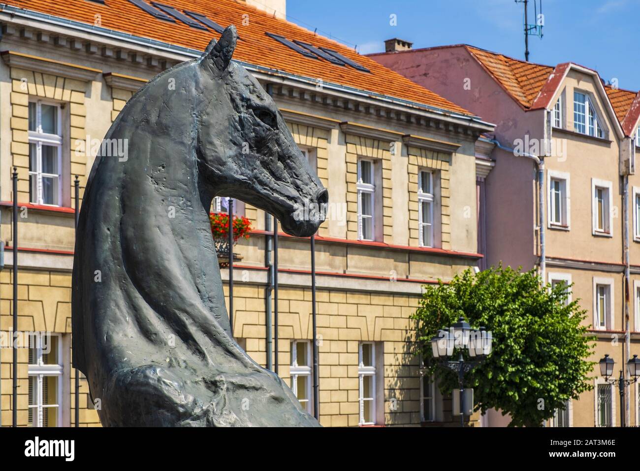 Konin, Greater Poland province / Poland - 2019/06/26: Historic horse statue, symbolic city emblem at the Plac Wolnosci square in the Old Town quarter of Konin, Poland Stock Photo