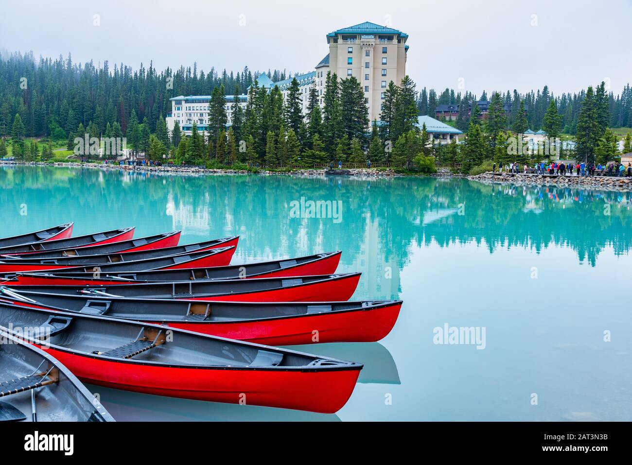 Canoes docked at Lake Louise in Canada Stock Photo Alamy