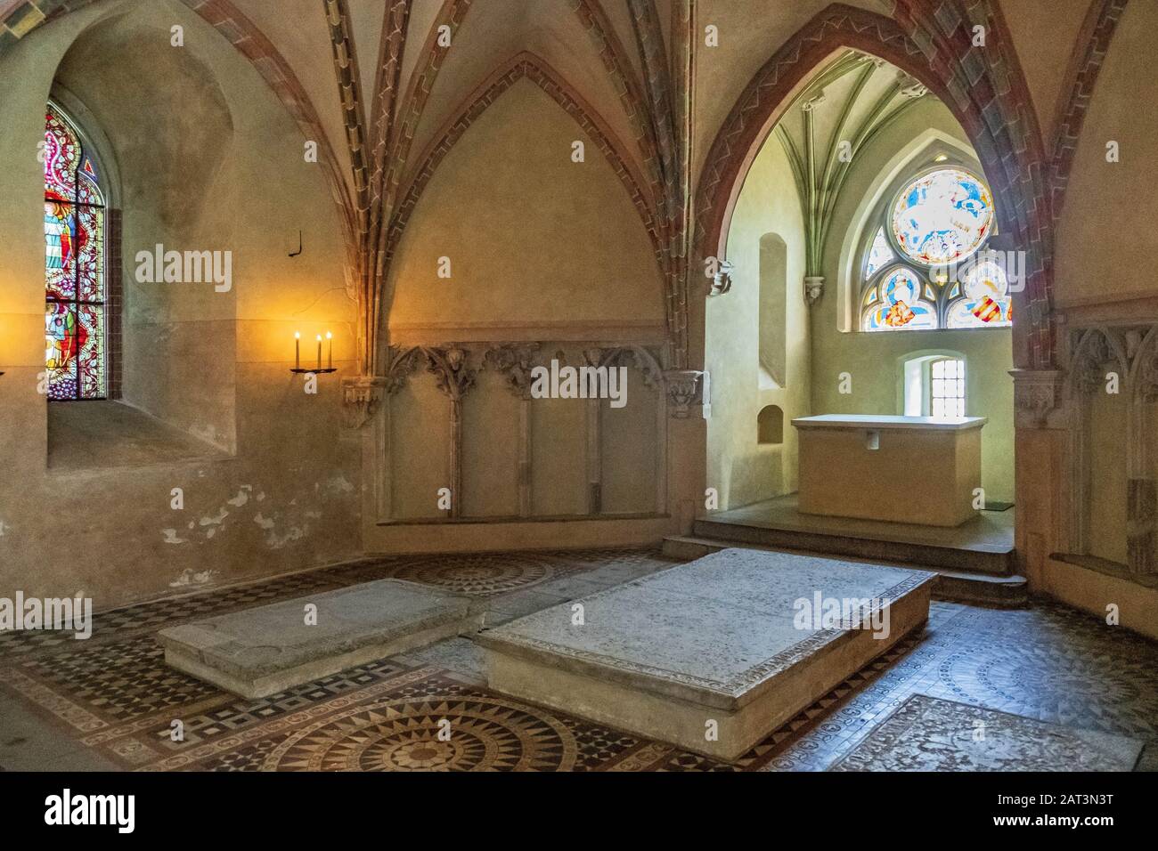 Malbork, Pomerania / Poland - 2019/08/24: Interior of the St. Anna Chapel with the historic gravestones in the High Castle part of the Medieval Teutonic Order castle and monastery in Malbork, Poland Stock Photo
