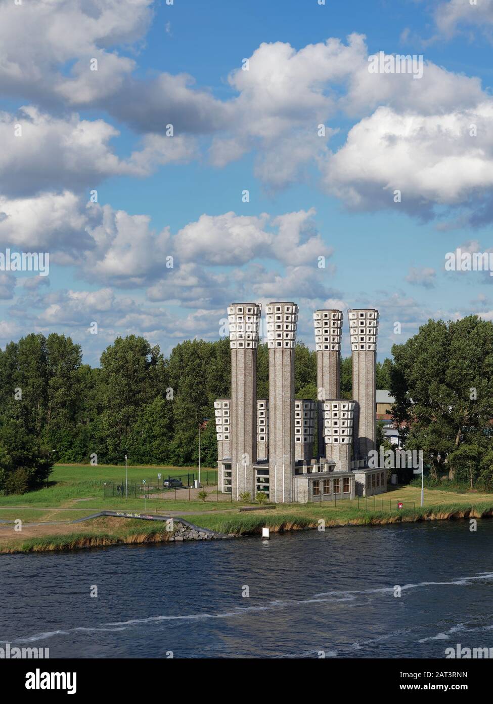 The Velsertunnel Ventilation Towers on the north bank of the Dutch North Sea Canal near to the Port of Amsterdam. Stock Photo