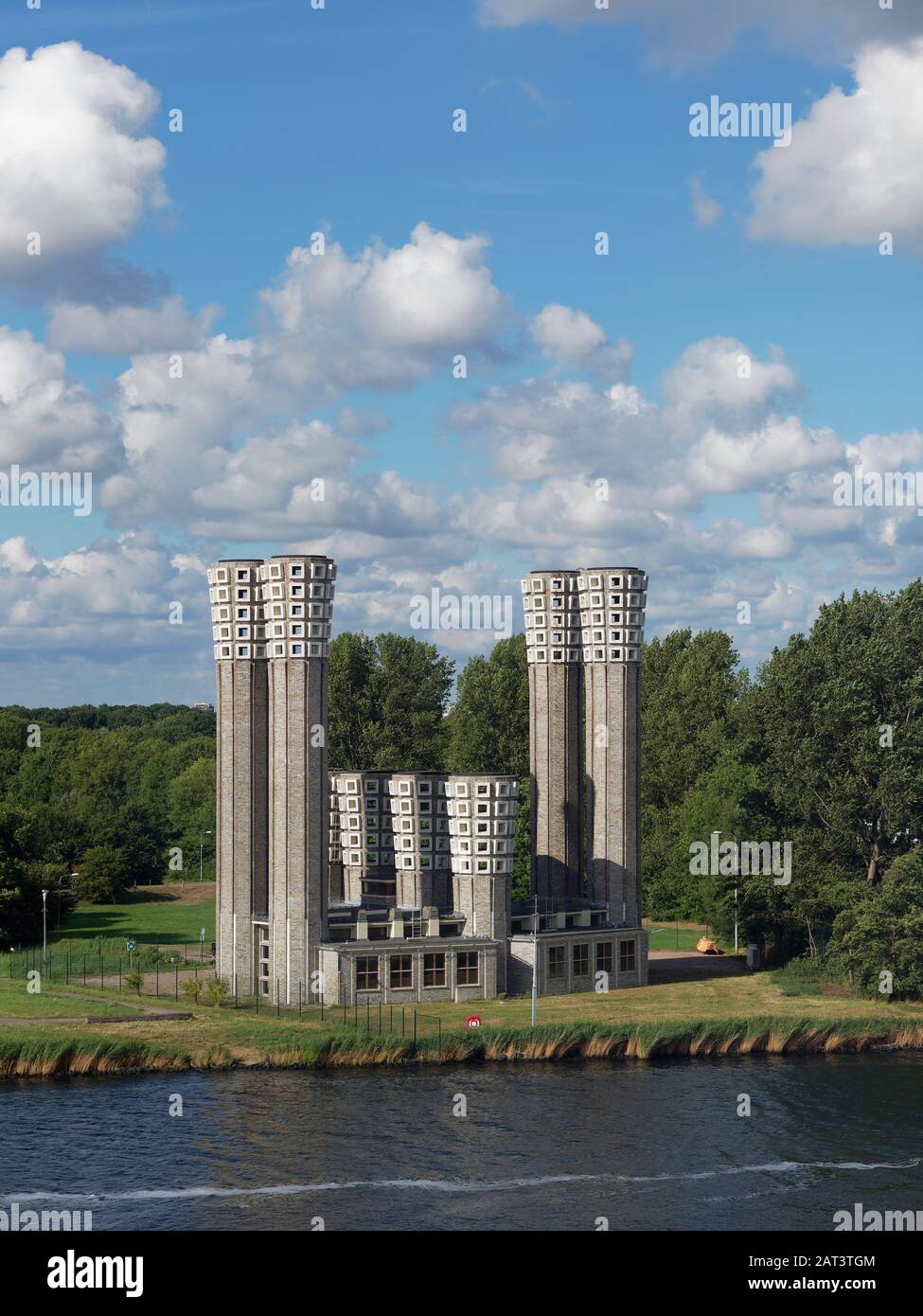 The Velsertunnel Ventilation Towers, providing air to a road tunnel on the north bank of the Dutch North Sea Canal near to the Port of Amsterdam. Stock Photo