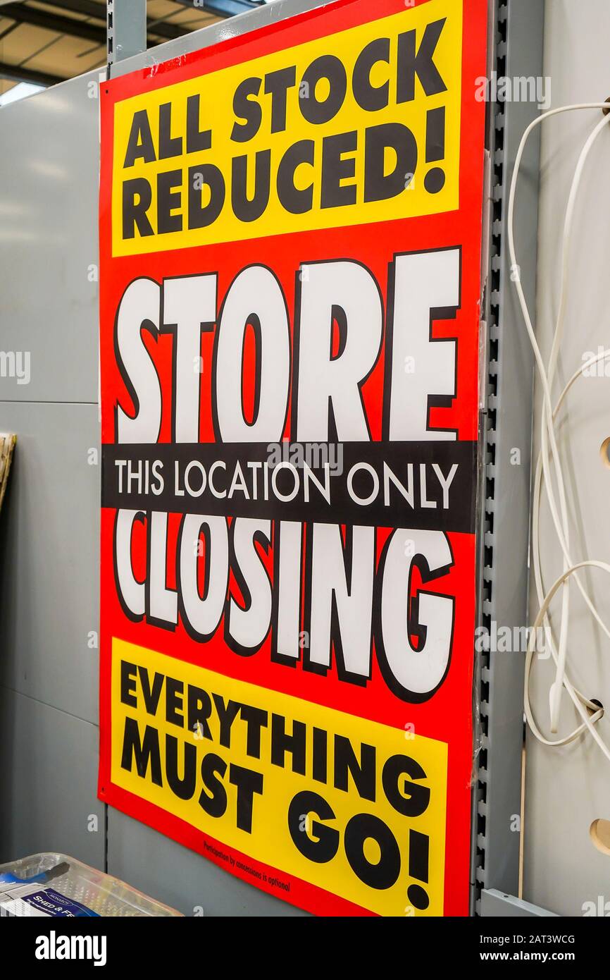 Kidderminster, UK. 10th December, 2019. Kidderminster Homebase store sadly heads towards its last day of trading with the loss of 23 jobs at the site. Despite being given a stay of execution back in April 2018 when 42 other stores were listed for closure as part of the Company Voluntary Agreement (CVA) insolvency procedure, the struggling DIY chain confirmed that the Kidderminster branch would be closing its doors for the final time on 20th December - due to unsustainable rental costs and declining sales/profits. Close up of poster inside announcing 'Store Closing.' Credit: Lee Hudson Stock Photo