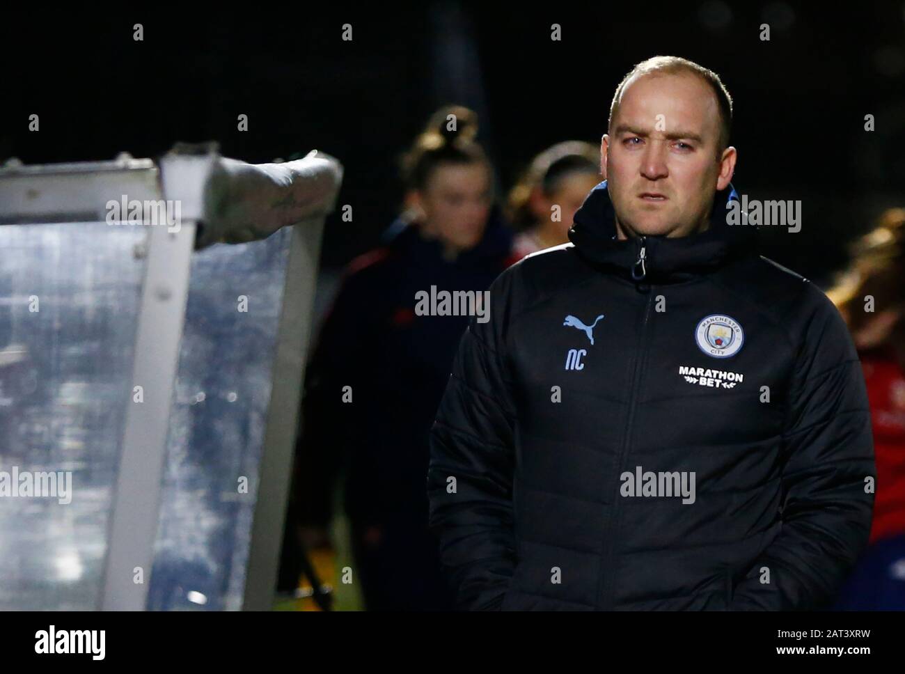 BOREHAMWOOD, ENGLAND - JANUARY 29: Nick Cushing manager of Manchester City WFC during Continental Cup Semi-Final match between Arsenal Women and Manch Stock Photo