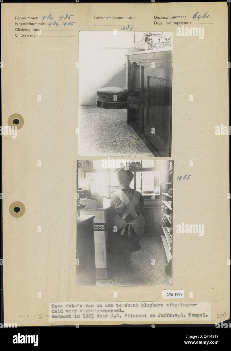 Foldable seating for shop staff in the counter Date 1923 Keywords