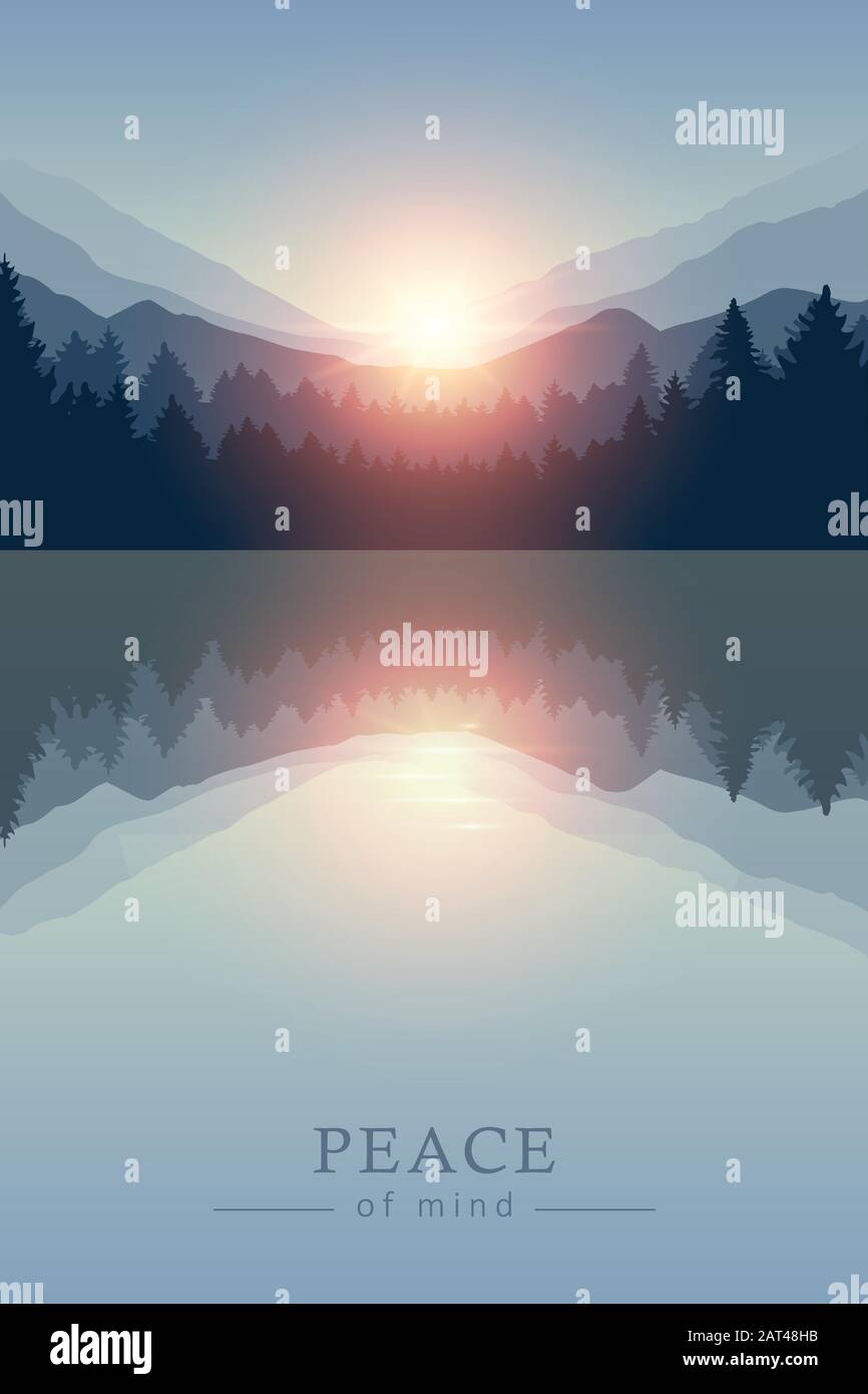beautiful sunrise by peaceful lake on mountain nature landscape vector illustration EPS10 Stock Vector