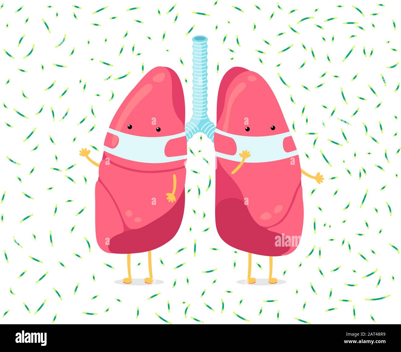 Cartoon lung character with breathing hygiene face mask and viruses infection around. Human internal organ prevents sick pneumonia tuberculosis airborne droplet. Medical protection vector illusrtation Stock Vector