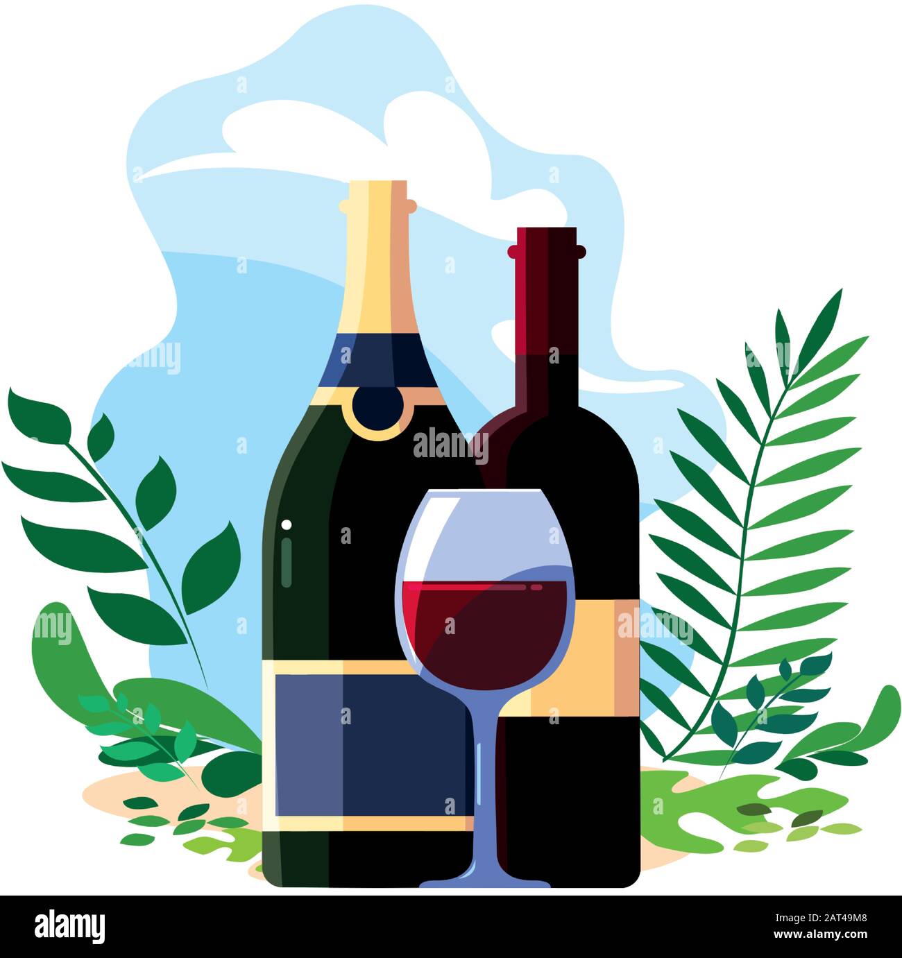 bottle and glass of wine with background landscape vector illustration ...