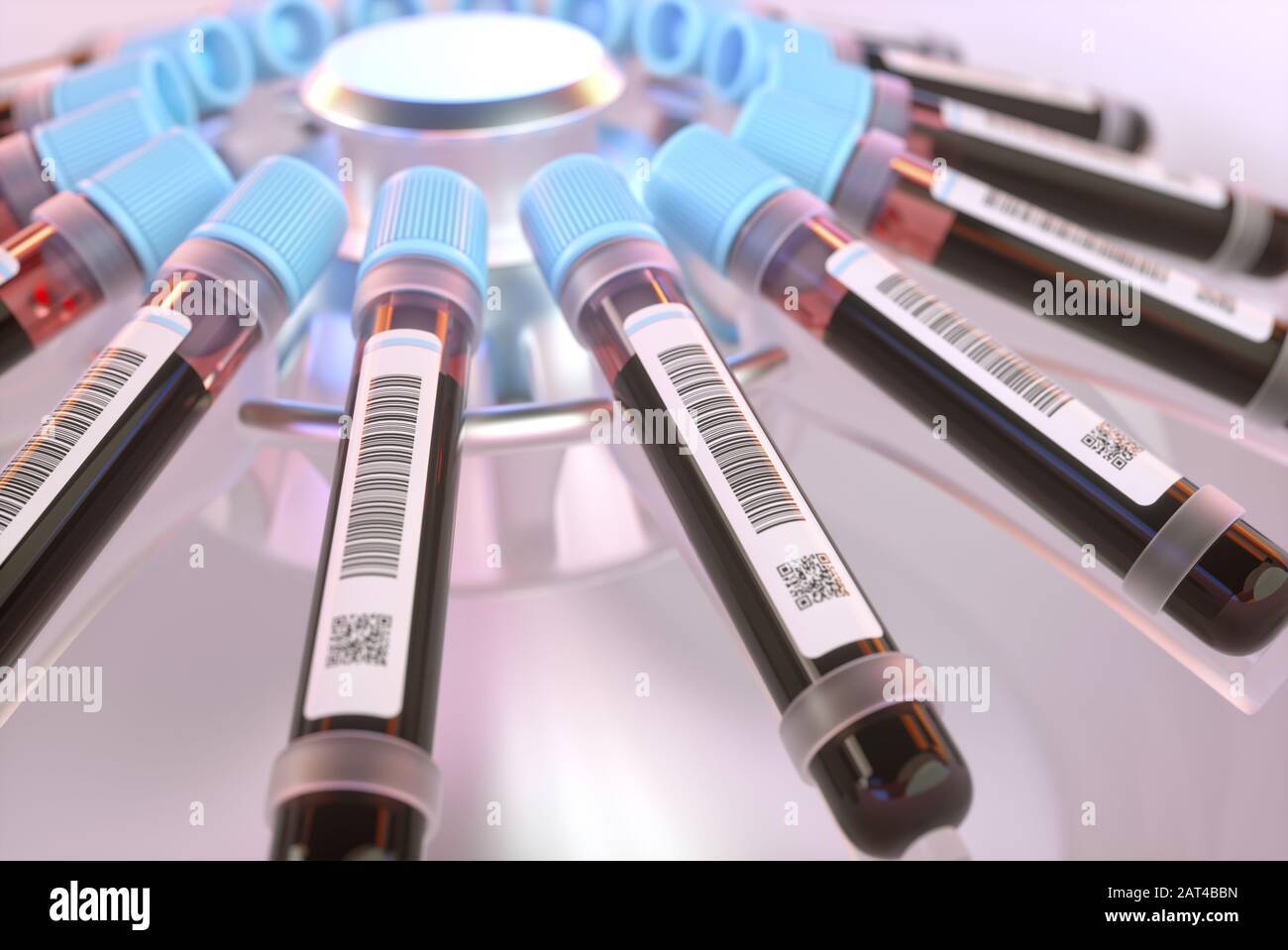 Blood tubes in the centrifuge. Concept image of blood tests, diseases and genetic and laboratory research. Stock Photo