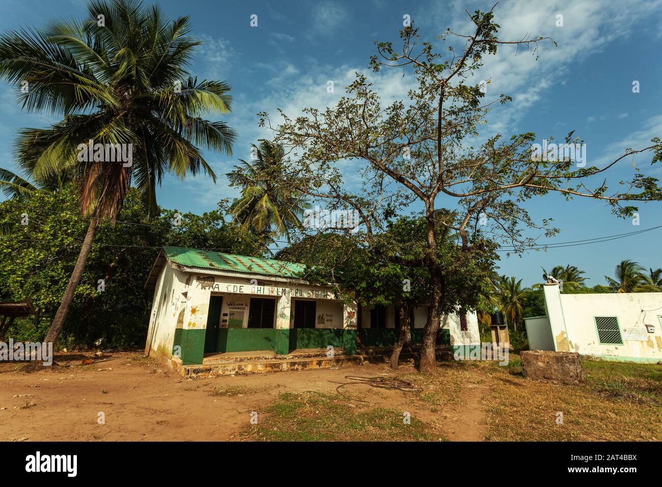 A nursery school building under palms in a village in Kenya (Ukunda) Stock Photo