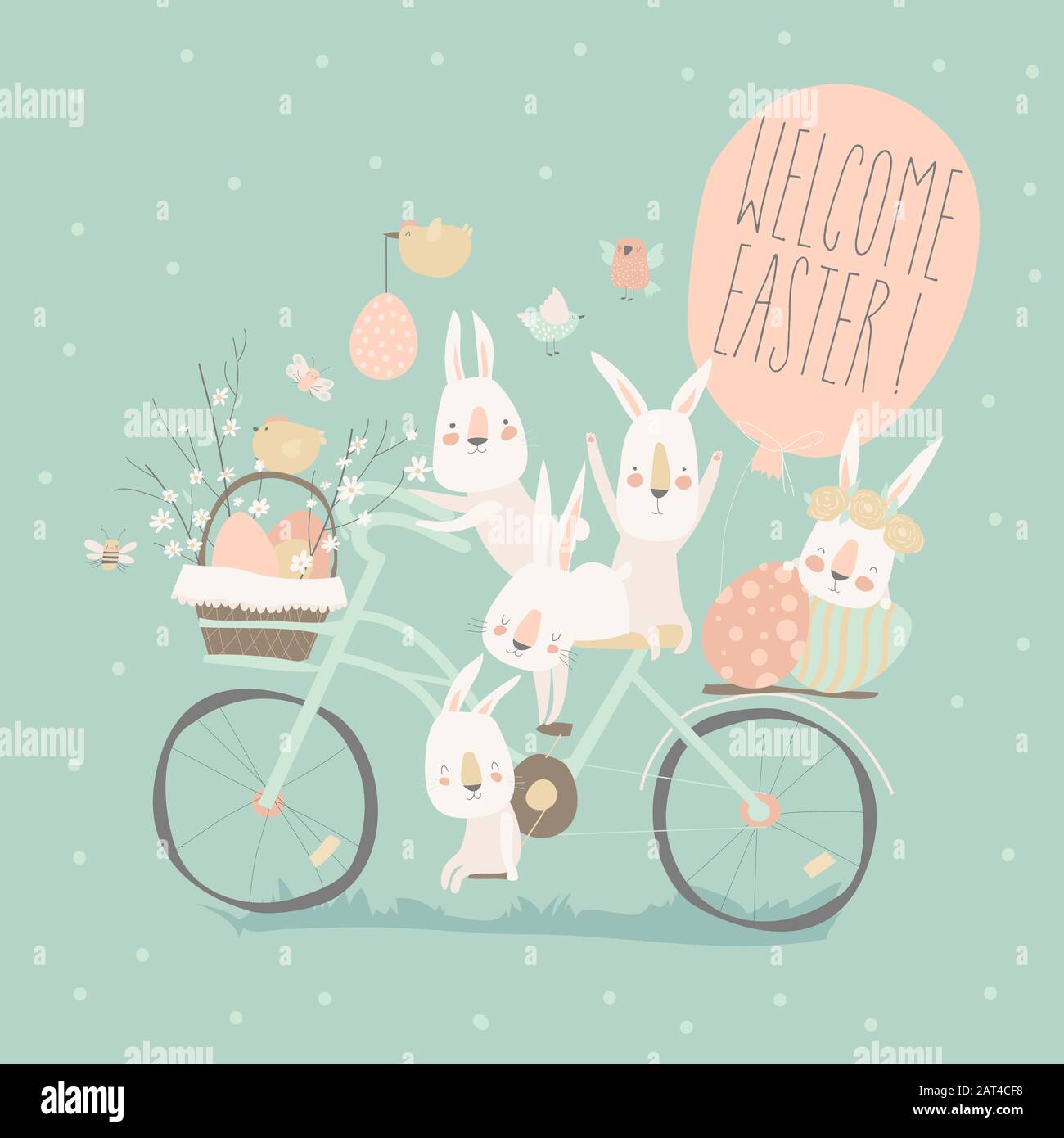 Easter bunnies riding on bike with easter eggs Stock Vector