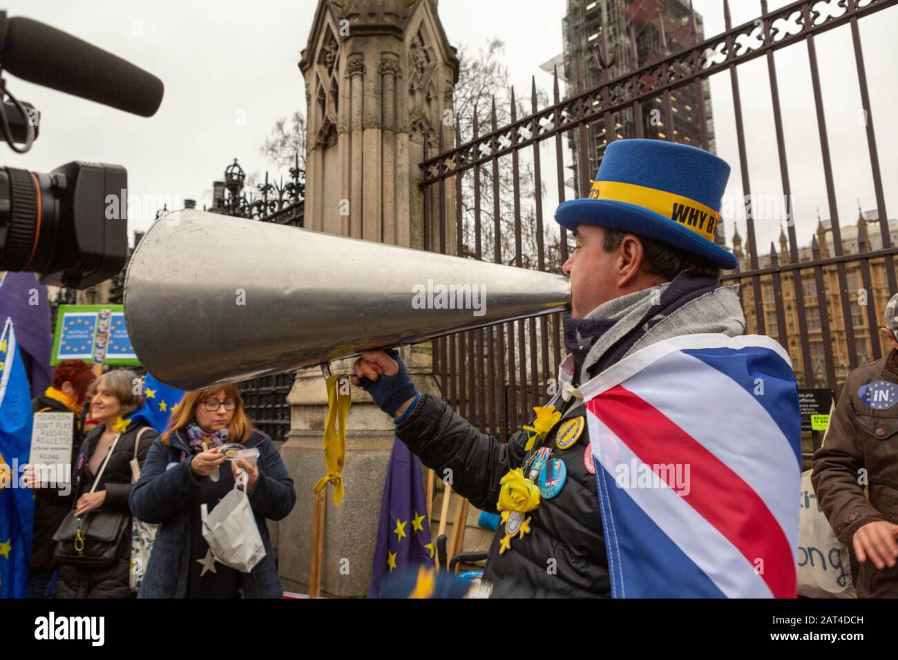 Westminster, UK. 30th Jan, 2020. Mr Stop Brexit, Steve Bray, outside the Houses of Parliament with his infamous megaphone. Penelope Barritt/Alamy Live News Stock Photo