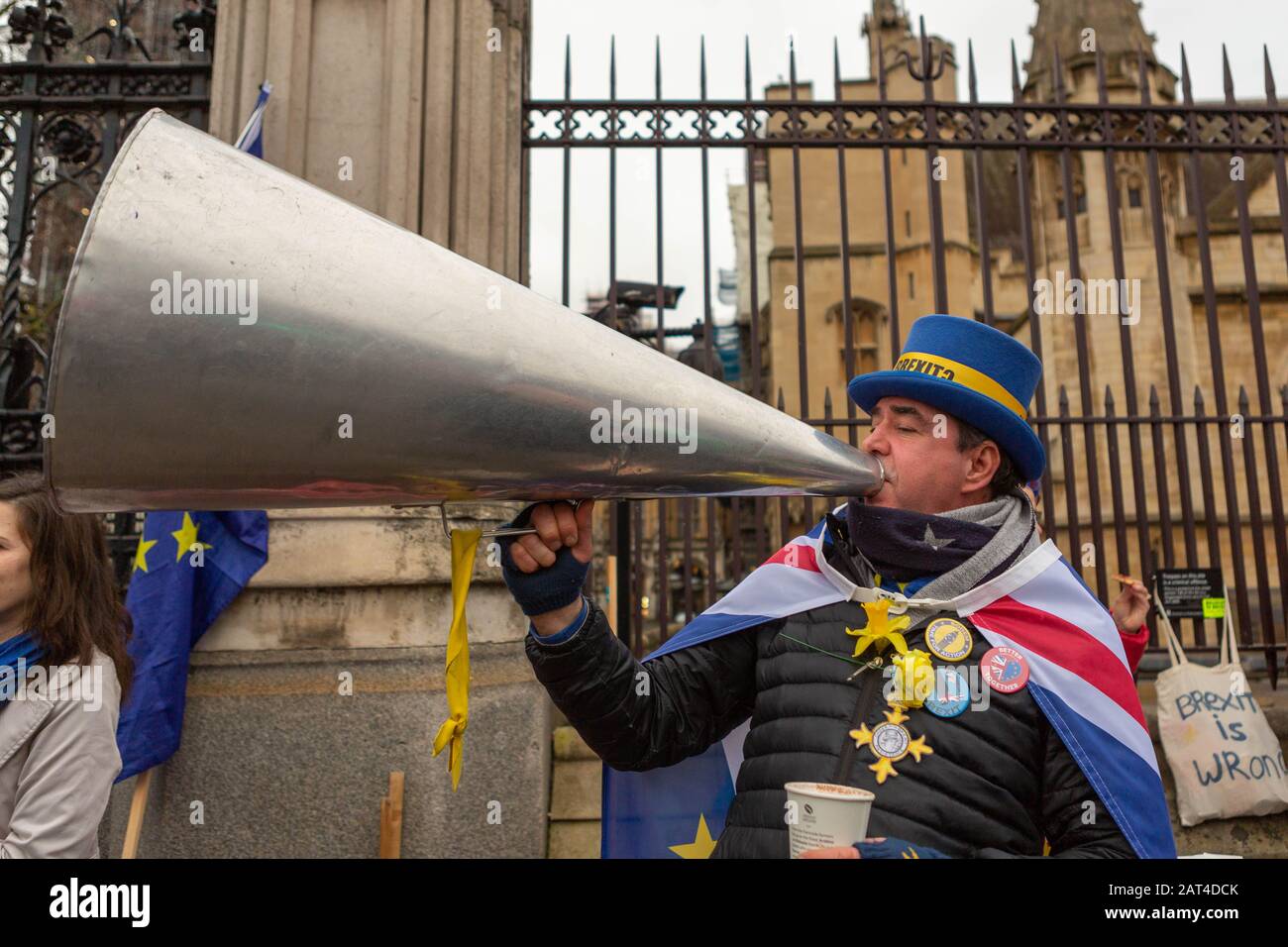 Westminster, UK. 30th Jan, 2020. Mr Stop Brexit, Steve Bray, outside the Houses of Parliament with his infamous megaphone. Penelope Barritt/Alamy Live News Stock Photo
