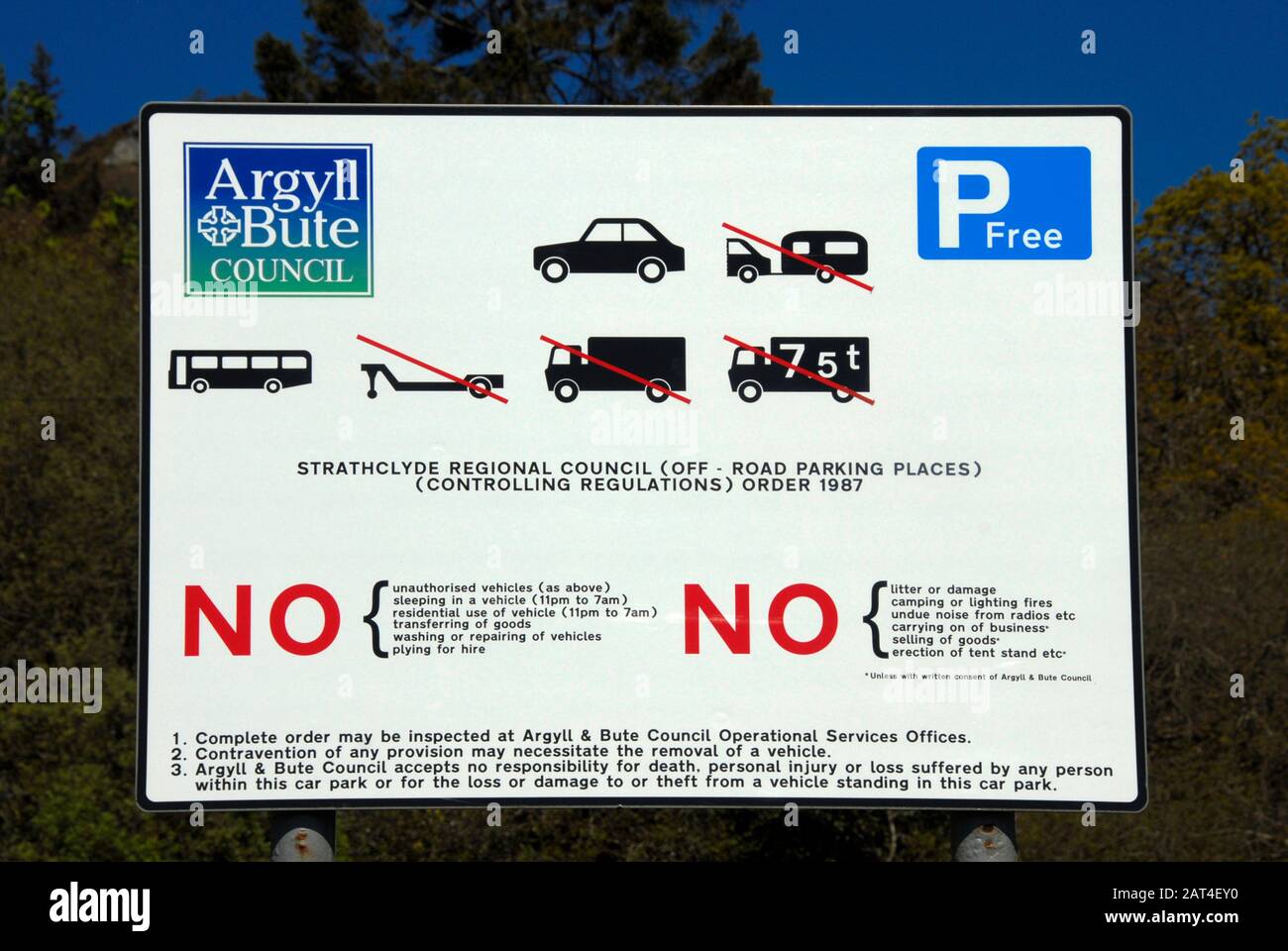 Notice in free car park listing many items that are not permitted Stock Photo