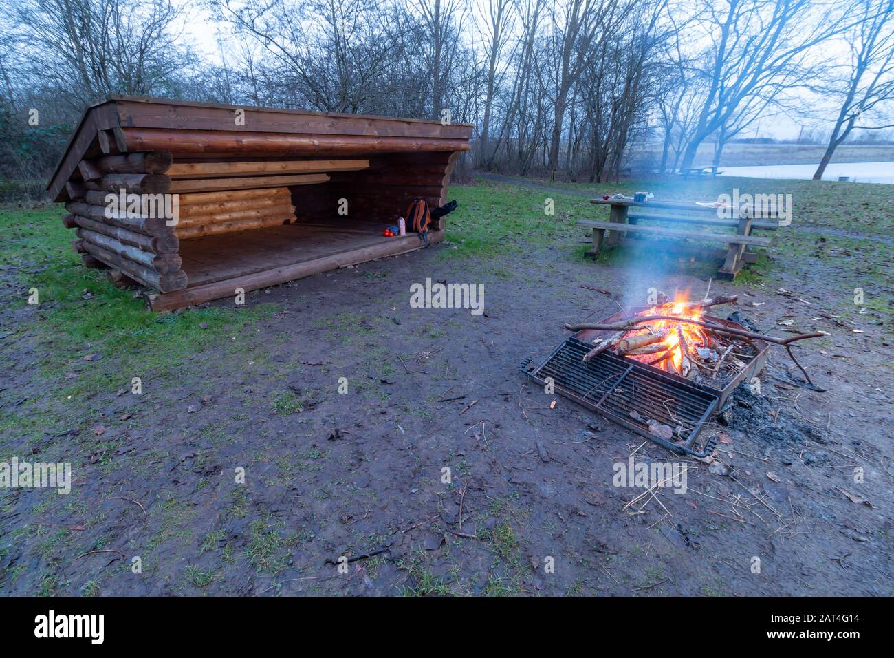 Public camping shelter in Denmark's nature outside in the forest Stock