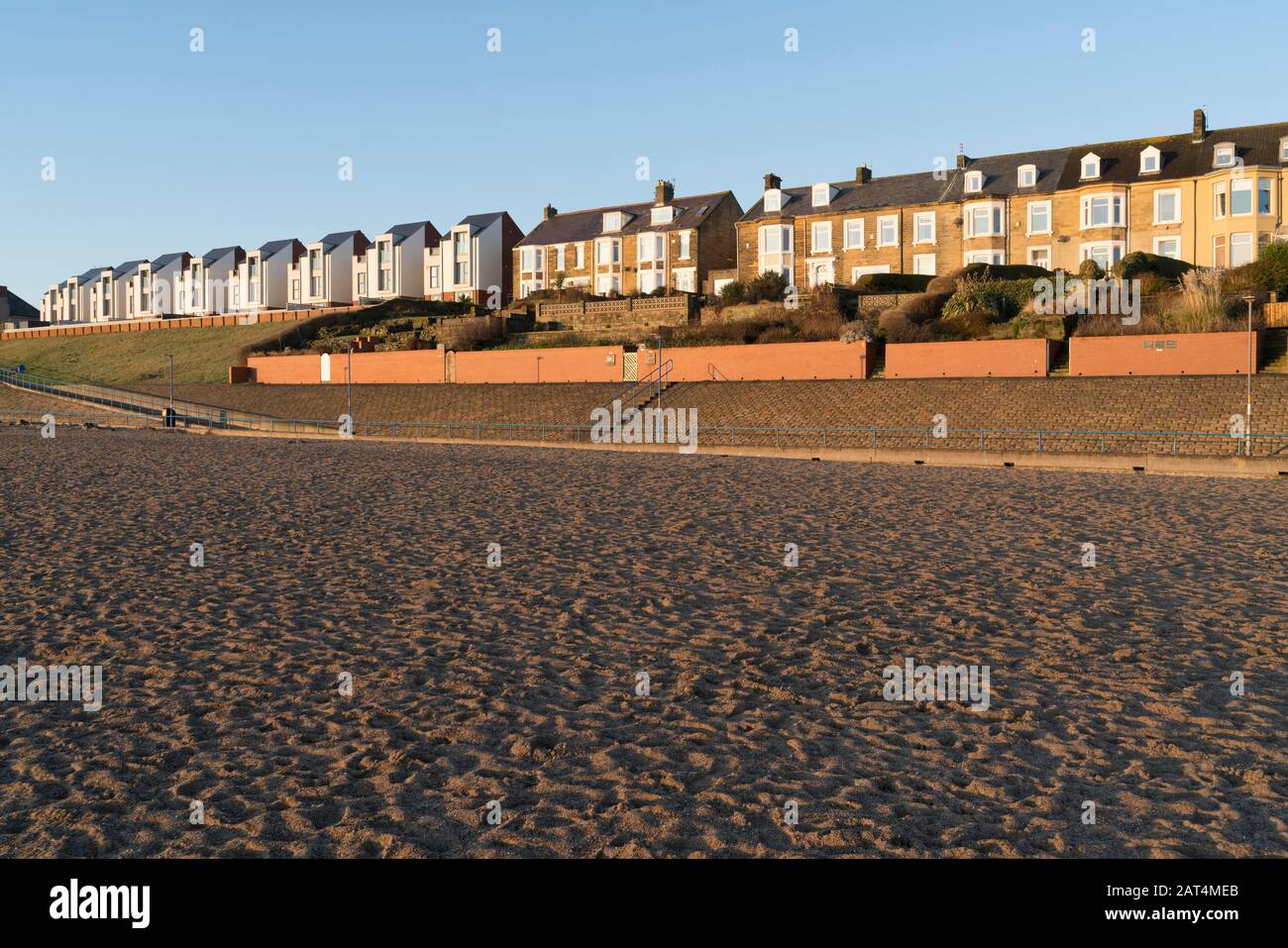 Newbiggin-by-the-sea sea view housing beach coast, Northumberland. Stock Photo