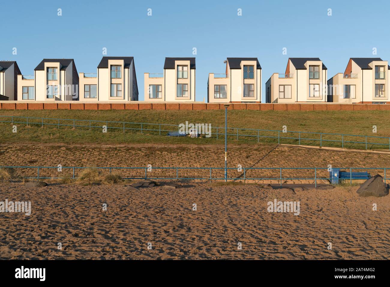 Newbiggin-by-the-sea sea view housing beach coast, Northumberland. Stock Photo