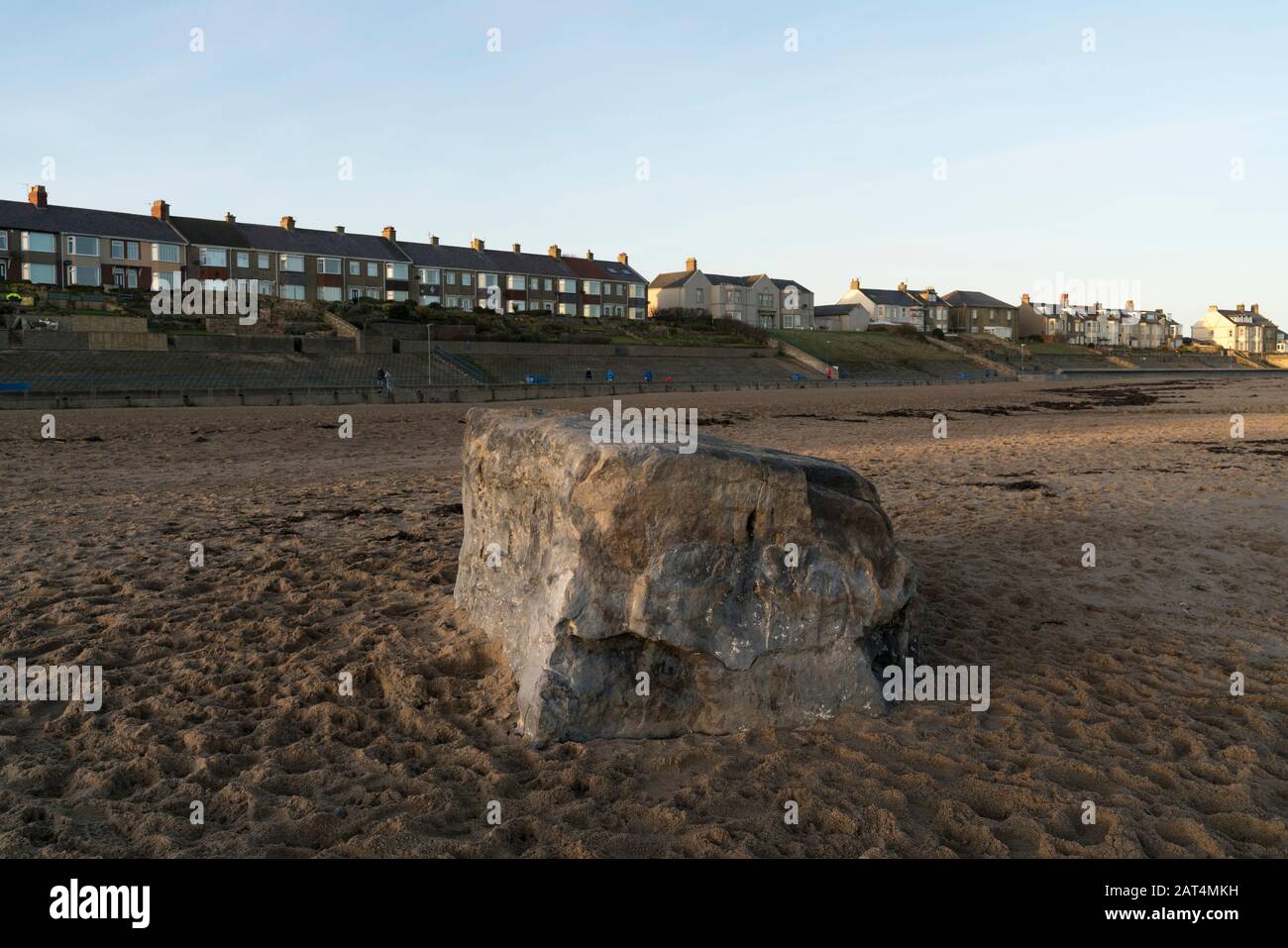 Newbiggin-by-the-sea, and the ice age Hunkleton Stone, Northumberland. Stock Photo